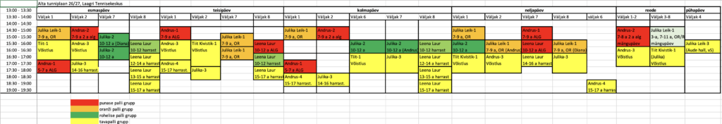 Alta Tennisekooli tunniplaan 2026/2027 õppeaastal